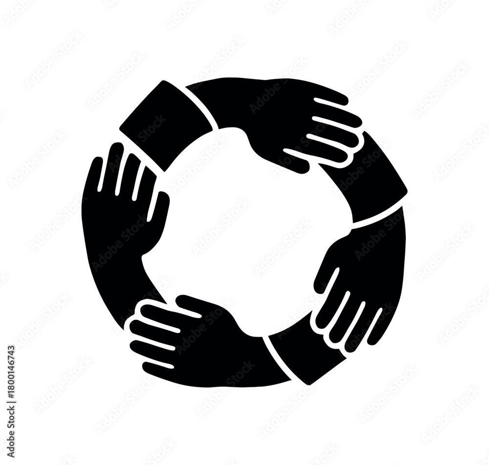 Fototapeta premium joined hands circle flat black solid vector illustration isolated on white background