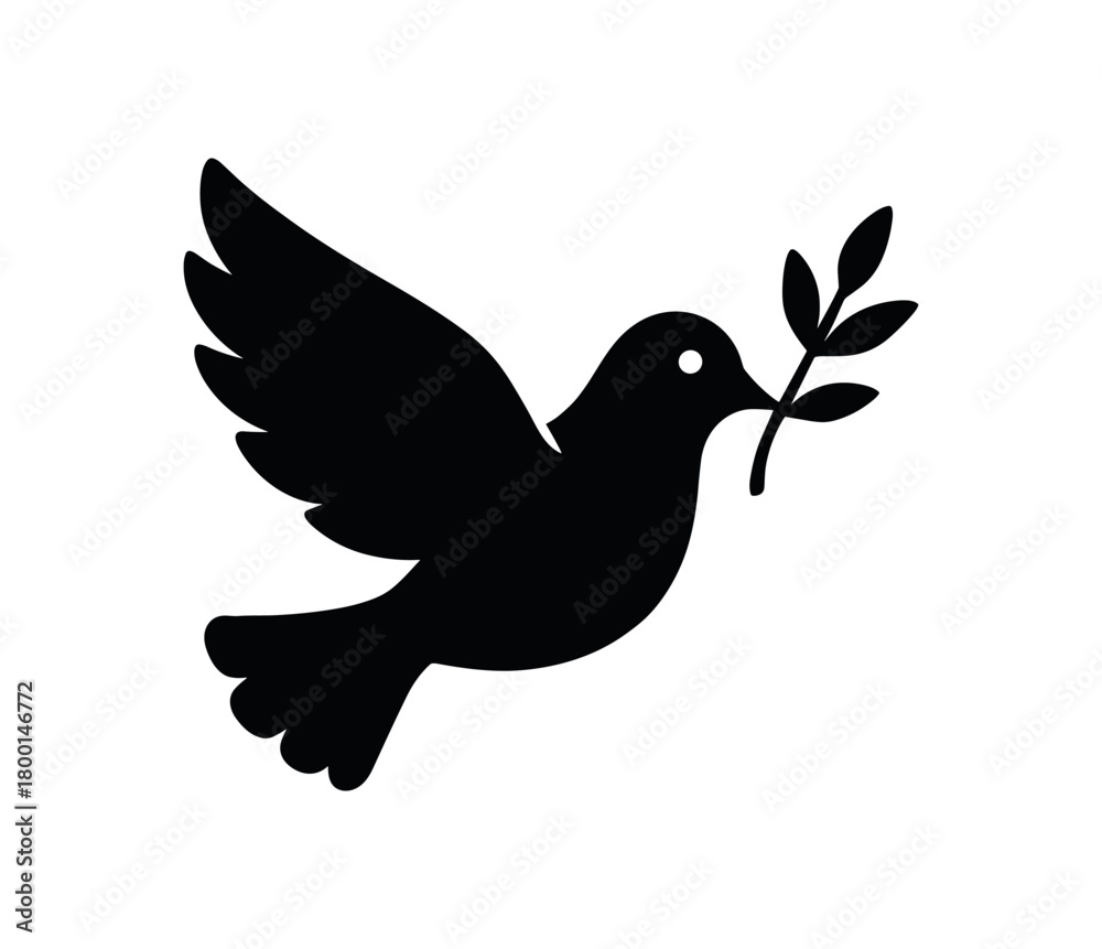 Obraz premium dove carrying branch flat black solid vector illustration isolated on white background