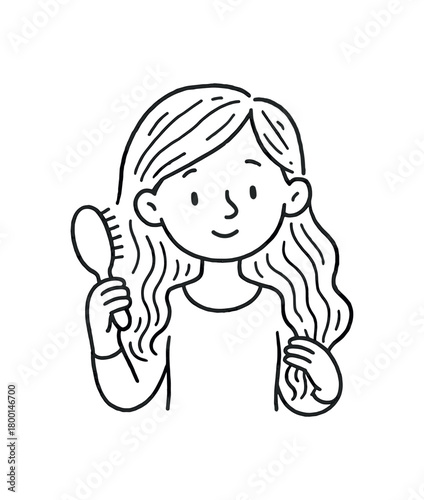 handdrawn cute doodle style woman brushing hair slowly vector line illustration