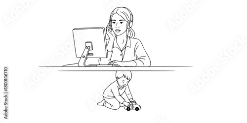 Remote Work Mother Video Call Child Play Line Art Vector