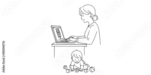 Remote Work Mother Video Call Child Play Line Art Vector