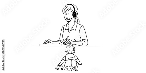 Remote Work Mother Video Call Child Play Line Art Vector