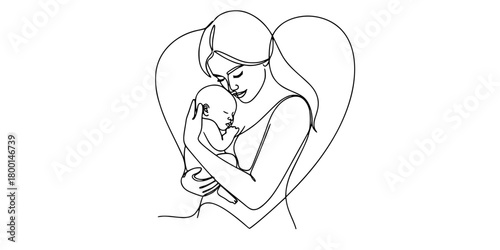 Continuous Line Mother Newborn Tender Embrace Heart Vector