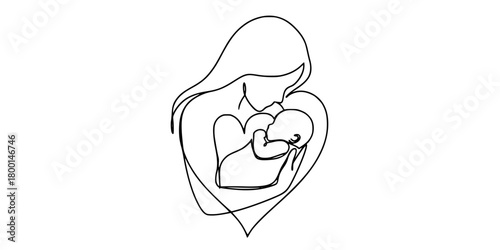 Continuous Line Mother Newborn Tender Embrace Heart Vector