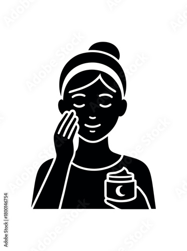 woman applying night cream flat black solid vector illustration isolated on white background