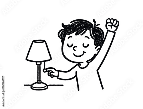 handdrawn cute doodle style person turning off lamp and stretching vector line illustration