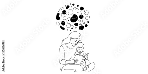 Mother Reading Storybook Imagination Simple Line Art Vector