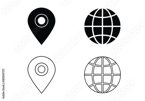 Location and globe icons in two styles - Vector icon symbol for website - Icon vector - Blue icon vector - Line and glyph solid icon set