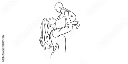 Mother Holding Baby Skyward Hope Minimalist Line Art Vector