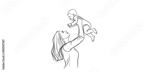 Mother Holding Baby Skyward Hope Minimalist Line Art Vector