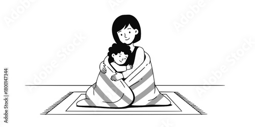 Mother Child Sharing Blanket Cozy Flat Vector Illustration