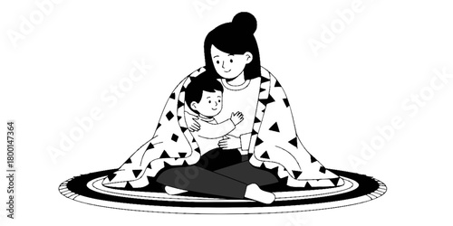 Mother Child Sharing Blanket Cozy Flat Vector Illustration