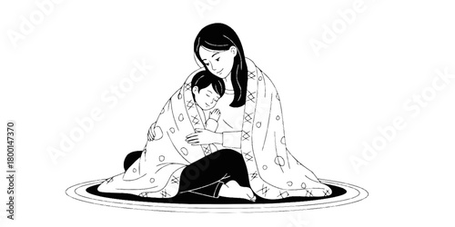 Mother Child Sharing Blanket Cozy Flat Vector Illustration