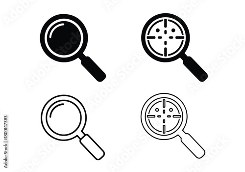 Magnifying glass and target icons search analysis tools - Vector icon symbol for website - Icon vector - Blue icon vector - Line and glyph solid icon set
