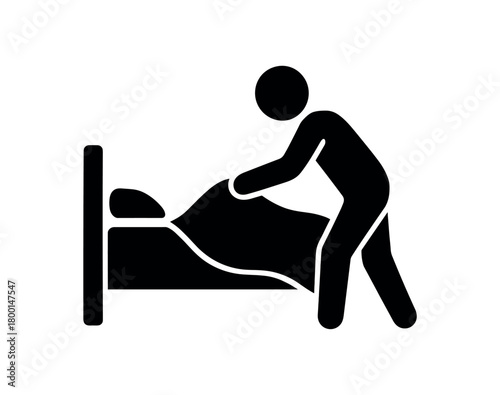 person tidying blanket flat black solid vector illustration isolated on white background