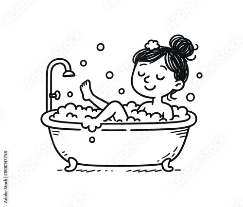 handdrawn cute doodle style woman taking warm bath vector line illustration