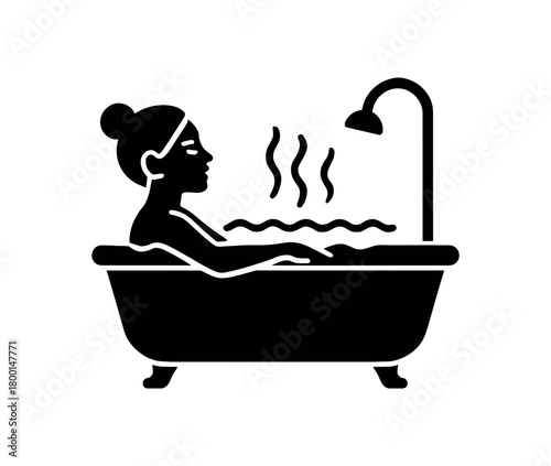 woman taking warm bath flat black solid vector illustration isolated on white background