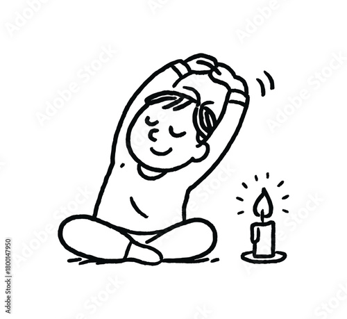 handdrawn cute doodle style person stretching arms candlelight vector line illustration