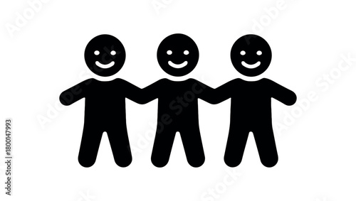 smiling people chain flat black solid vector illustration isolated on white background