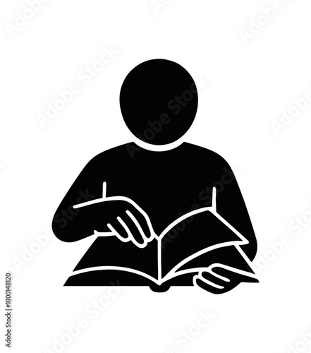 person turning pages of book slowly flat black solid vector illustration isolated on white background