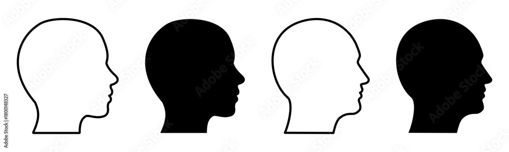 Naklejka premium Human head silhouette in outline and solid style, woman and man heads side view, user avatar symbols, profile person sign