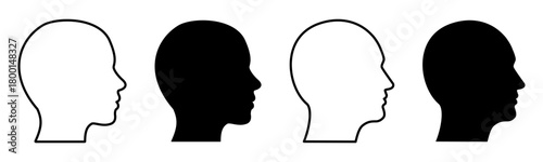 Human head silhouette in outline and solid style, woman and man heads side view, user avatar symbols, profile person sign