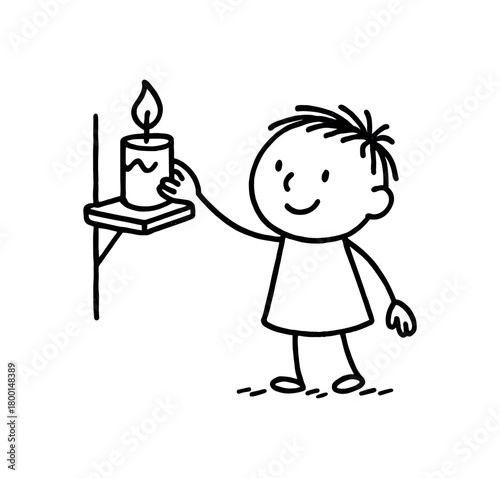 handdrawn cute doodle style person placing candle on shelf vector line illustration