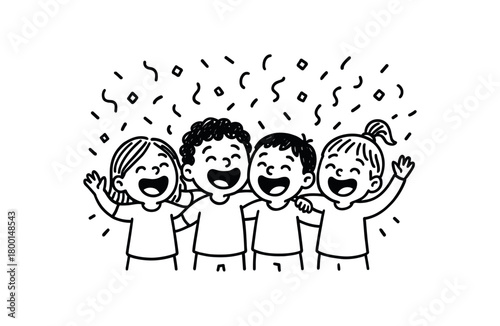 handdrawn cute doodle style laughing under confetti rain vector line illustration