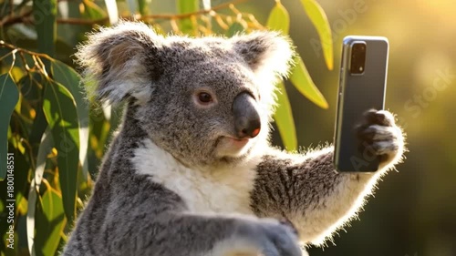 A cute koala takes a selfie with a smartphone in a sunny eucalyptus tree