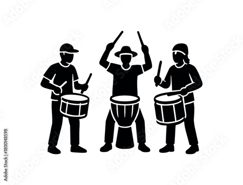 street musicians playing drums flat black solid vector illustration isolated on white background