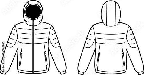 Hooded jacket technical drawing, front and back view, zipper closure, seam detail, fashion sketch, garment template, apparel design illustration