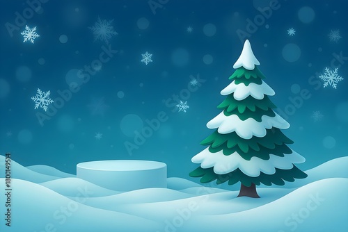 Christmas Tree on Snowy Landscape Isolated on White Background Vector Illustration