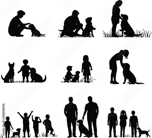 Silhouette children and adults interacting with dogs outdoors, family pet bonding moments, playful companionship scene in nature