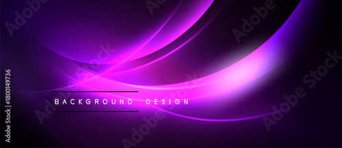 Dark purple abstract background. Smooth curves create glowing light effects, modern design element. Text reads background design.