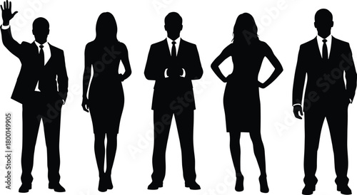 Business professionals silhouette, corporate attire, gesture variation, leadership concept, black vector, formal group, standing pose, unity image