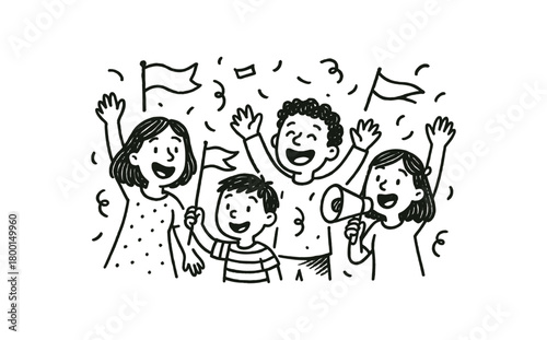 handdrawn cute doodle style people cheering at street parade vector line illustration
