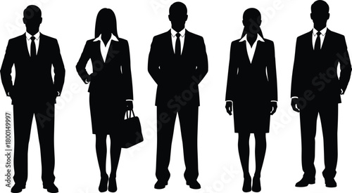 Business professionals silhouette, corporate attire, office team, career diversity, leadership concept, black vector, formal group, standing pose, unity image