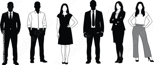 Business professionals silhouette, formal attire mix, male female group, corporate diversity, black vector, standing pose, team unity, illustration