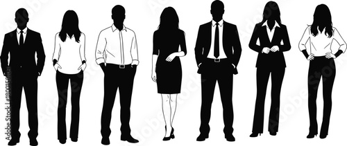 Business professionals silhouette, formal attire mix, corporate diversity, posture variation, black vector, team unity, standing pose, design 