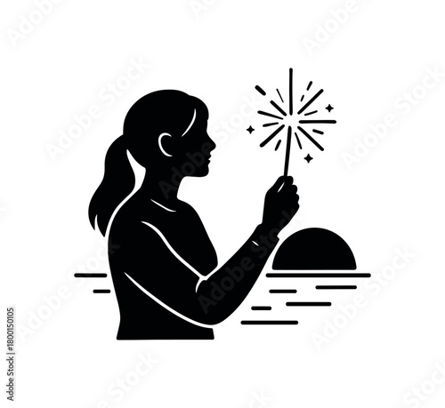 woman holding sparkler at sunset flat black solid vector illustration isolated on white background