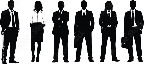 Business silhouettes, professional attire, corporate team, formal suits, briefcases, standing posture, leadership concept, office people, vector illustration, black design