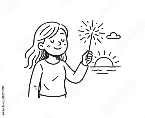 handdrawn cute doodle style woman holding sparkler at sunset vector line illustration