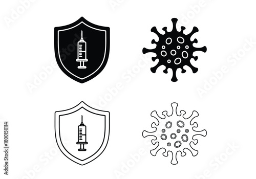Shield syringe virus icons protection vaccine health medical - Vector icon symbol for website - Icon vector - Blue icon vector - Line and glyph solid icon set