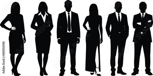 Business team silhouette, corporate attire, office professionals, career diversity, leadership concept, black vector, formal group, standing pose, unity image