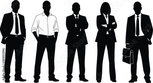 Business team silhouette, corporate professionals, office workers, leadership concept, teamwork illustration, formal attire, career diversity, black and white vector