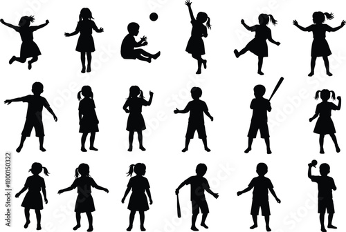 Children activity silhouettes, playful poses, sports icons, movement vector, black illustration, childhood motion, energetic stance, grid layout, fun design