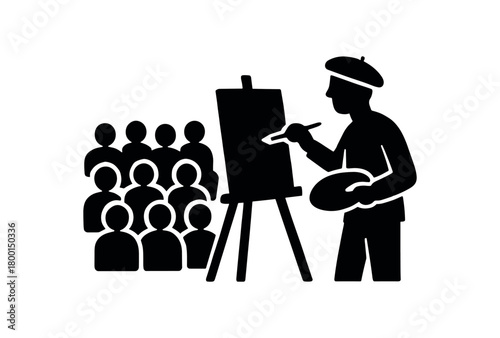 artist painting crowd scene flat black solid vector illustration isolated on white background