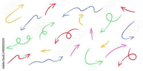 Colorful Arrows Doodle Set. Collection of multicolored handdrawn arrows in various curved shapes and directions. Playful doodle vector elements for infographic, presentation, creative design projec