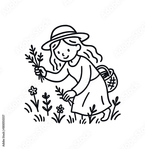 handdrawn cute doodle style woman picking herbs meadow vector line illustration