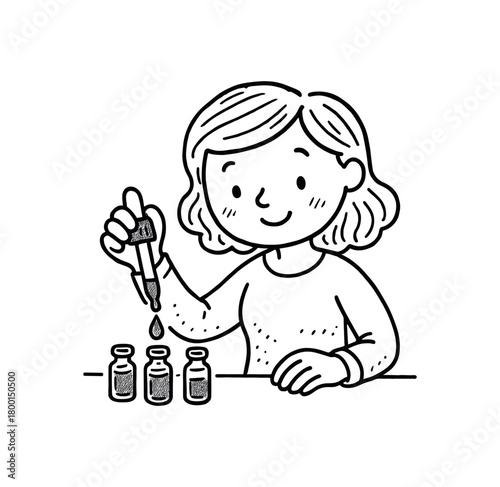 handdrawn cute doodle style woman filling small vials with oil vector line illustration